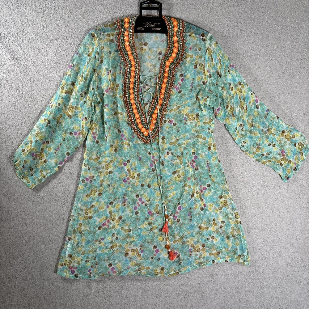 Taj By Sabrina Crippa Silk Tunic Top Women's XL Sheer Blue Sequin Collar Lace Up